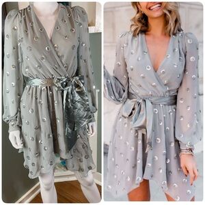 New NWT Lovers + Friends Olivia Sequin Embellished Gray Silver Wrap Mini Dress